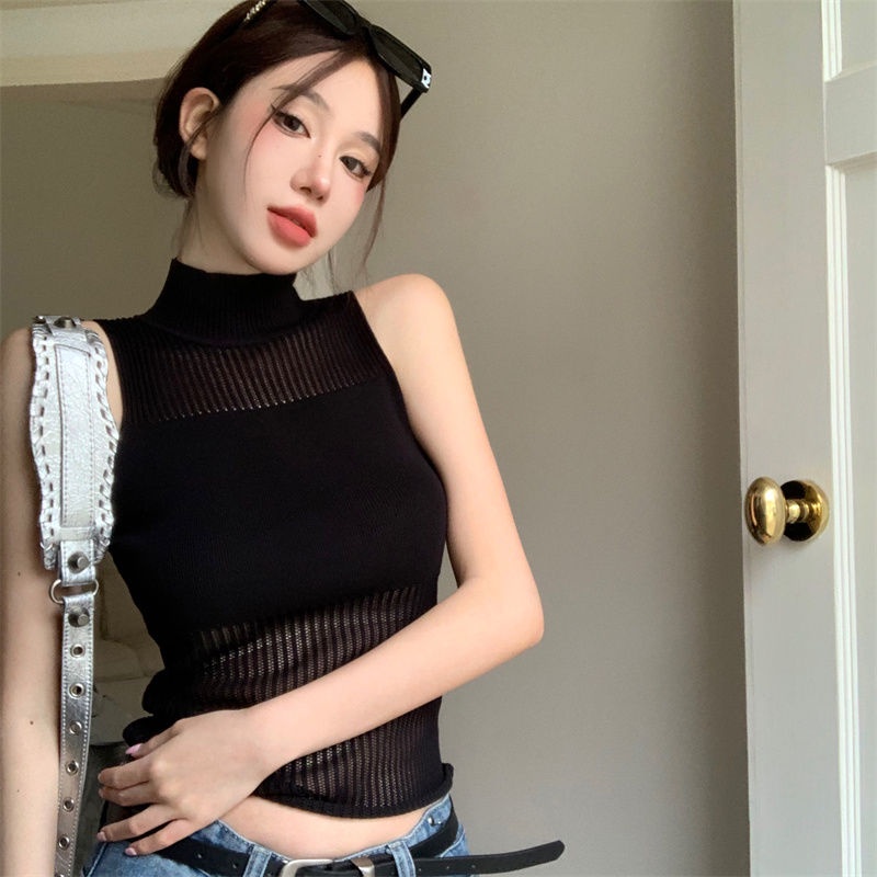 COZOK Áo Dệt Kim Sát Nách Cổ Cao Phong Cách vintage