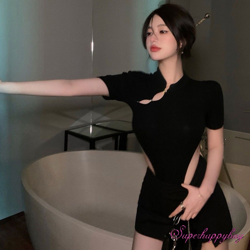 Bộ Áo Liền Quần Tay Ngắn Dáng Ôm Khoét Lỗ Eo Cao Màu Sắc Đơn Giản Thời Trang Cho Nữ