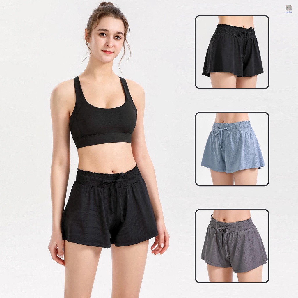 Quần Short Thể Thao Nữ Lưng Cao 2 Trong 1 Chất Liệu Thông Thoáng Nhanh Khô