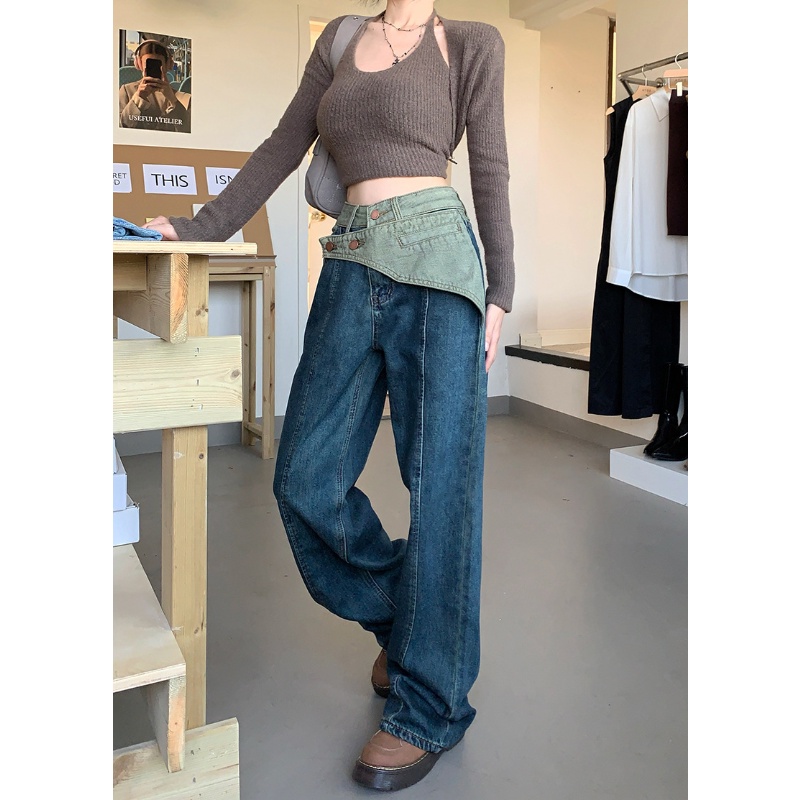 Quần Jean Dài Lưng Cao Ống Rộng Thời Trang Cá Tính Trẻ Trung