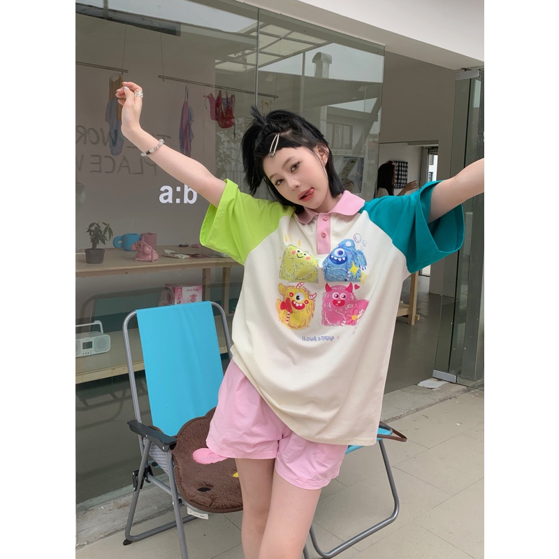 Áo polo Ngắn Tay Dáng Rộng In Họa Tiết Tương Phản Thời Trang Mùa Hè Mới