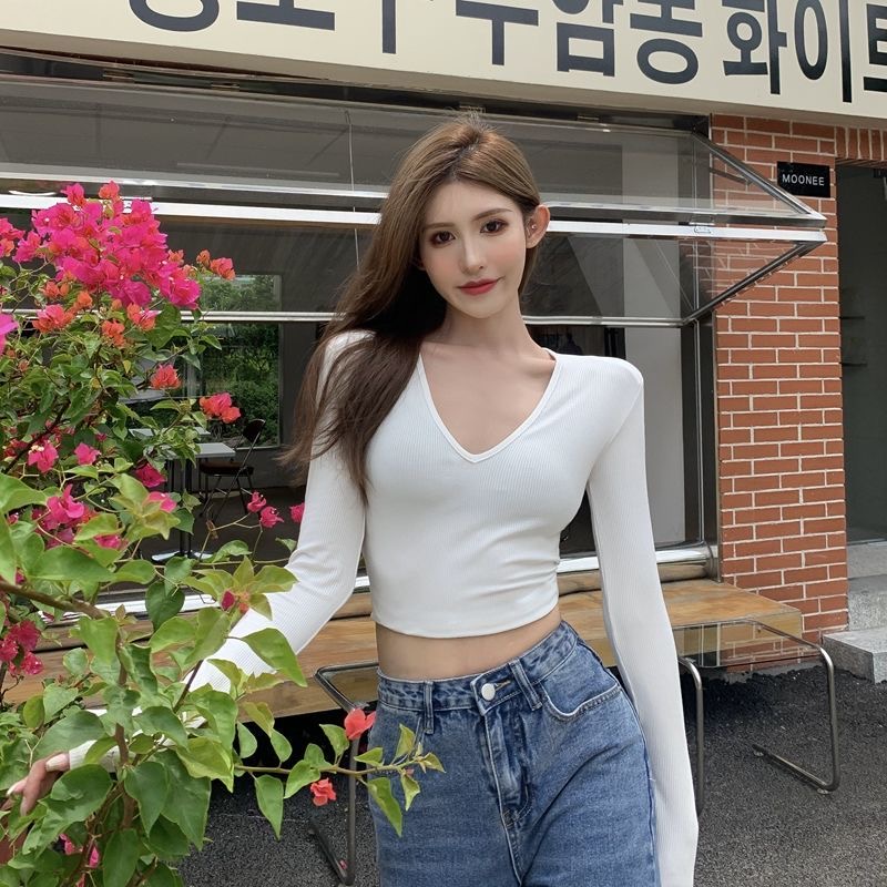 Áo Thun Tay Dài Cổ Chữ V Màu Trơn Thời Trang 2023 Y2k