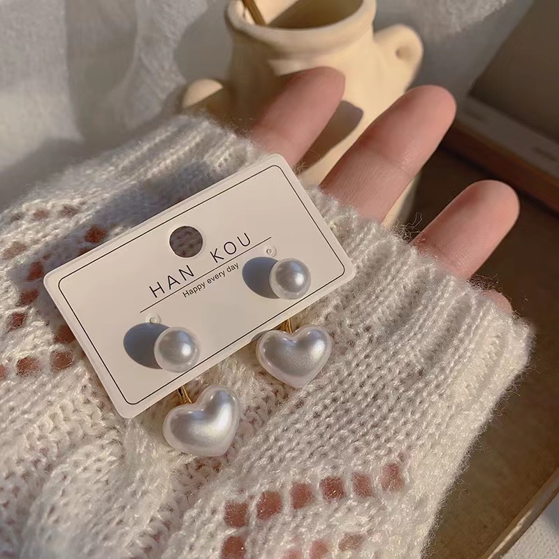 Bông Tai Mạ Bạc 925 Hình Trái Tim Đính Ngọc Trai Phong Cách Hàn Quốc