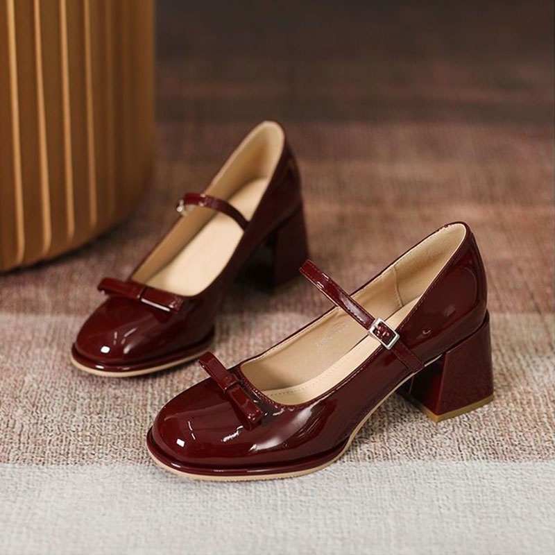 197.Giày Cao Gót Đính Nơ Phong Cách Retro Cho Nữ