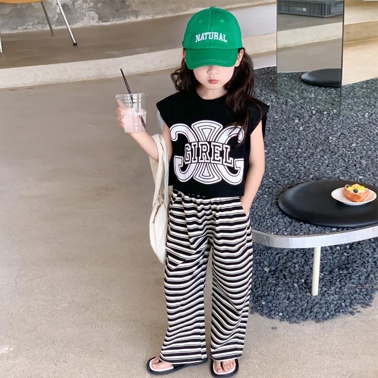 Bộ Áo Thun Không Tay + Quần Ống Rộng Họa Tiết Kẻ Sọc Phong Cách Hàn Quốc Cho Bé Gái