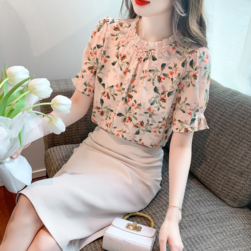 Áo Sơ Mi Chiffon Tay Ngắn Phối Ren Đính Hạt In Họa Tiết Hoa Thời Trang Mùa Hè 2023 Mới Cho Nữ