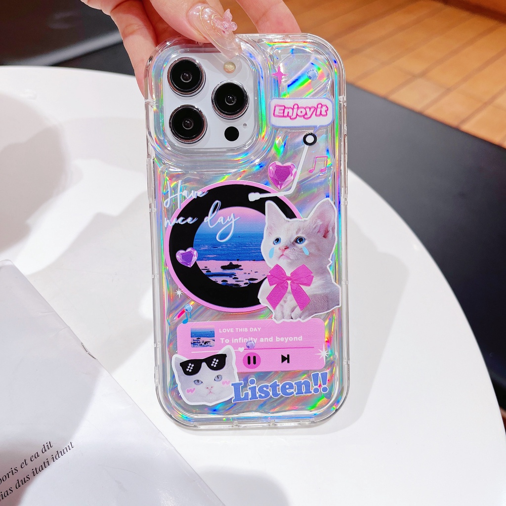 Ốp Điện Thoại TPU Dẻo Màu Laser Họa Tiết Chó Mèo Dễ Thương Chống Rơi Cho iPhone 12 13 14 Pro Max