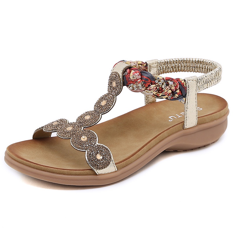 Giày Sandal Đế Xuồng Mũi Tròn Đính Đá Thoải Mái Phong Cách Bohemian Dành Cho Nữ