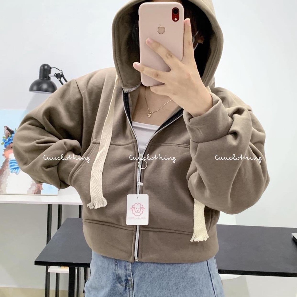 Áo khoác lửng croptop nỉ ngoại siêu dày phối dây to tay phồng có nón unisex nam nữ