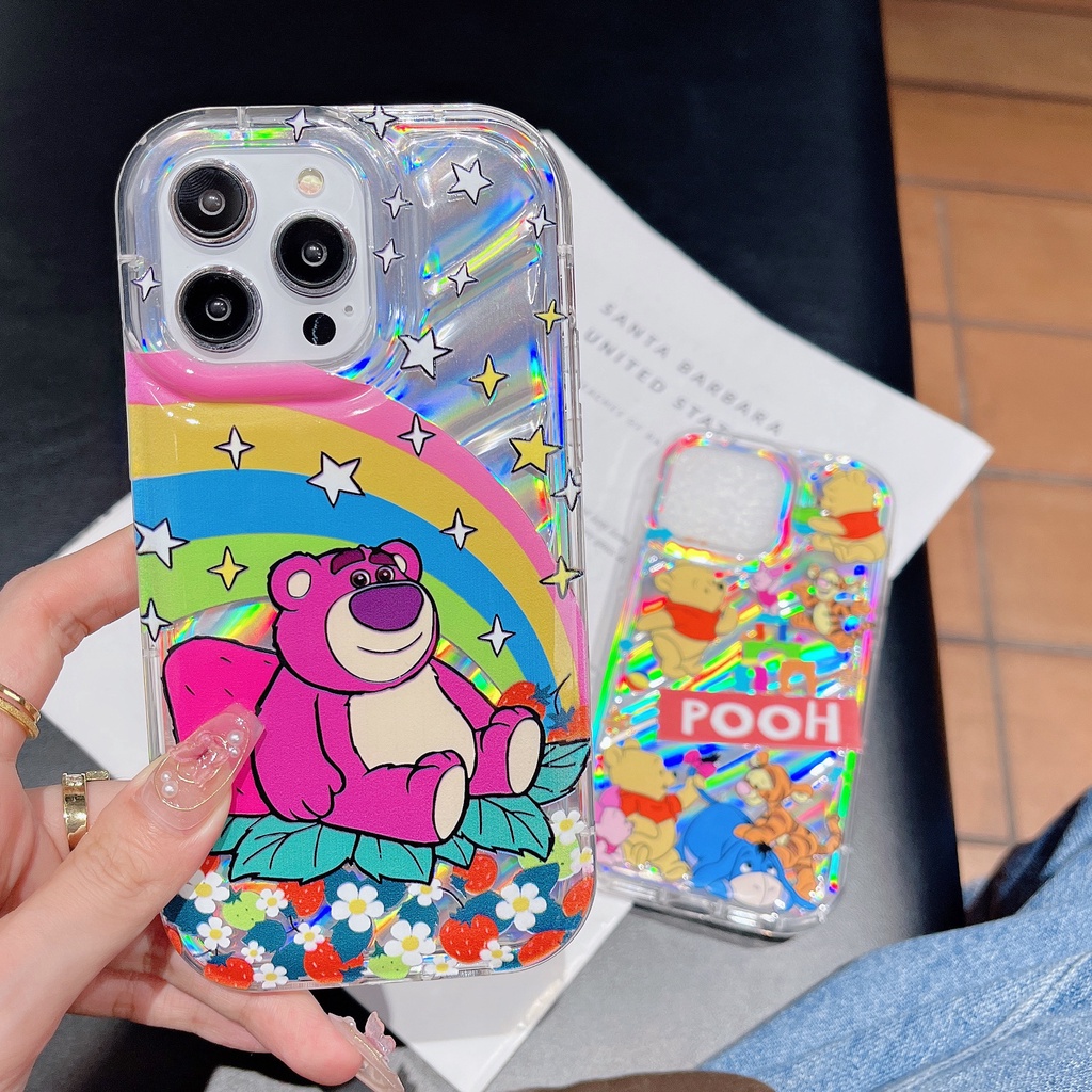 Ốp Điện Thoại TPU Dẻo Màu Laser Họa Tiết Gấu Dâu Tây / Gấu Pooh Dễ Thương Chống Rơi Cho iPhone 12 13 14 Pro Max