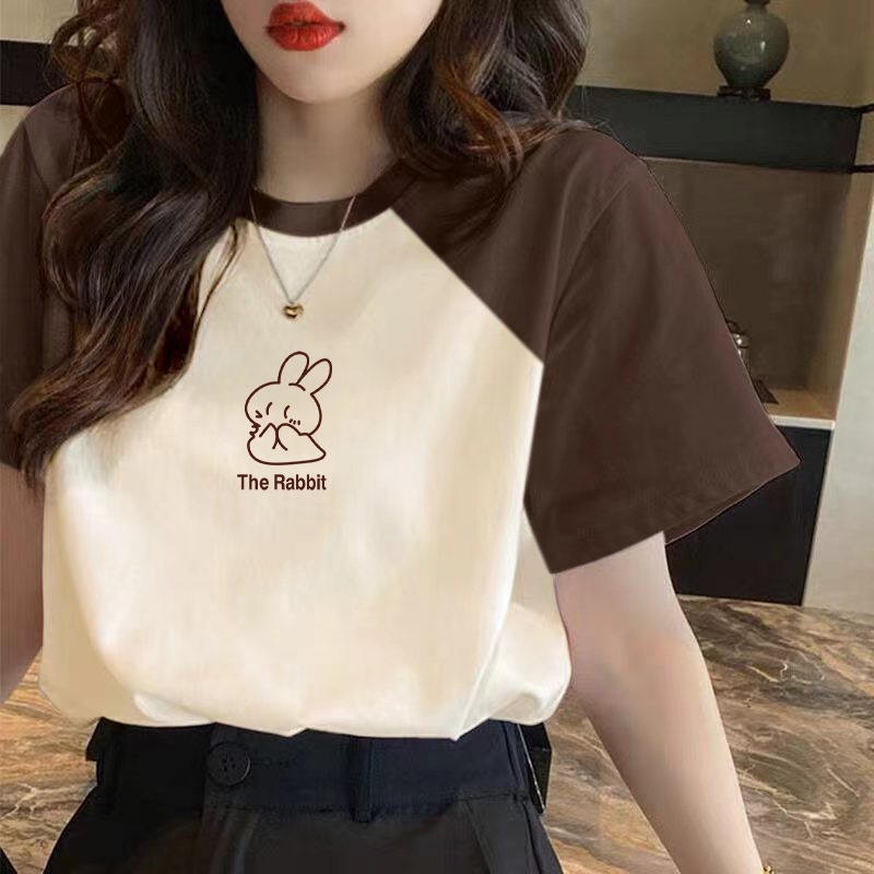 Áo Thun Cotton Ngắn Tay Màu Kem Tương Phản Phong Cách Mới Cho Nữ