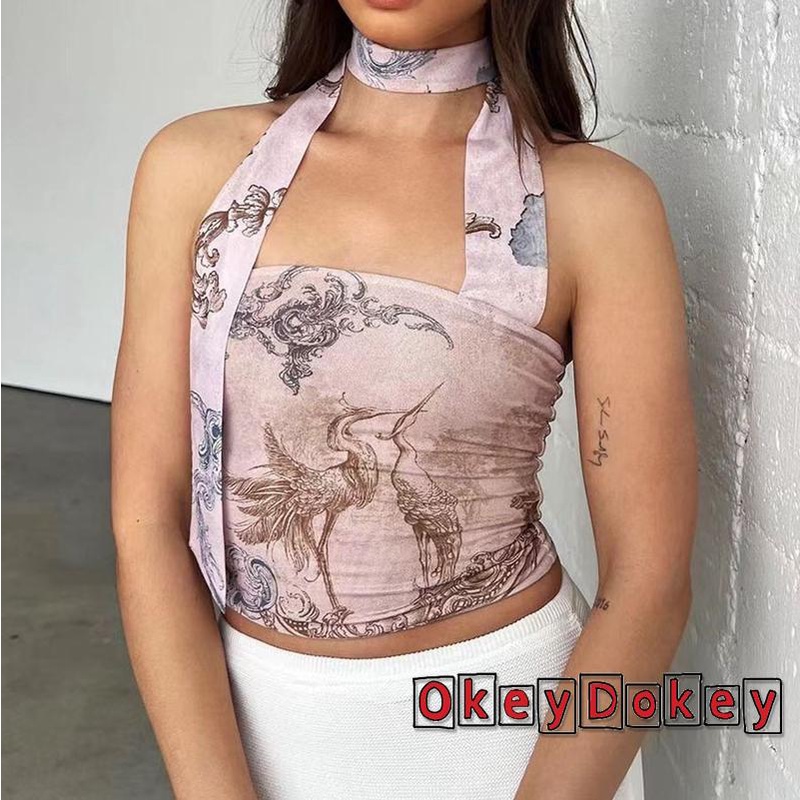 Áo Ống Mùa Hè Ôm Dáng Hở Lưng Cổ Yếm In Họa Tiết Cổ Điển Cho Nữ