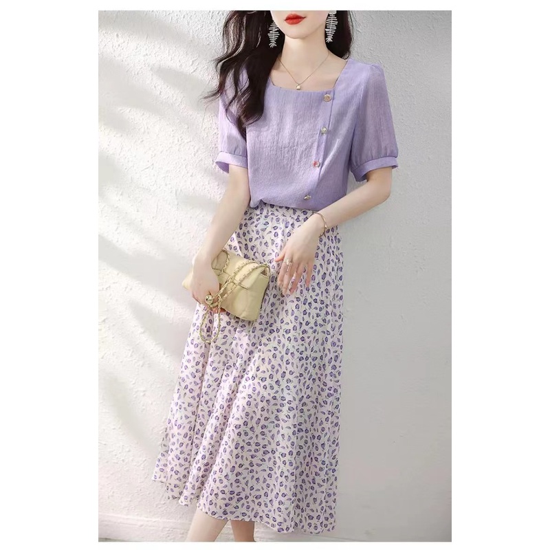Set Áo Sơ Mi Cổ Vuông Và Chân Váy Phong Cách Pháp Đơn Giản Thời Trang Mùa Hè Mới
