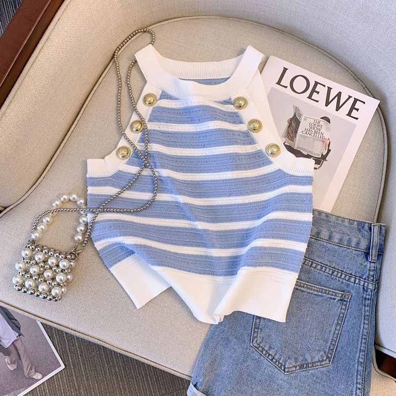 Áo Hai Dây Dệt Kim Ôm Dáng Họa Tiết Kẻ Sọc Phong Cách Pháp Thời Trang Mùa Hè Mới Cho Nữ