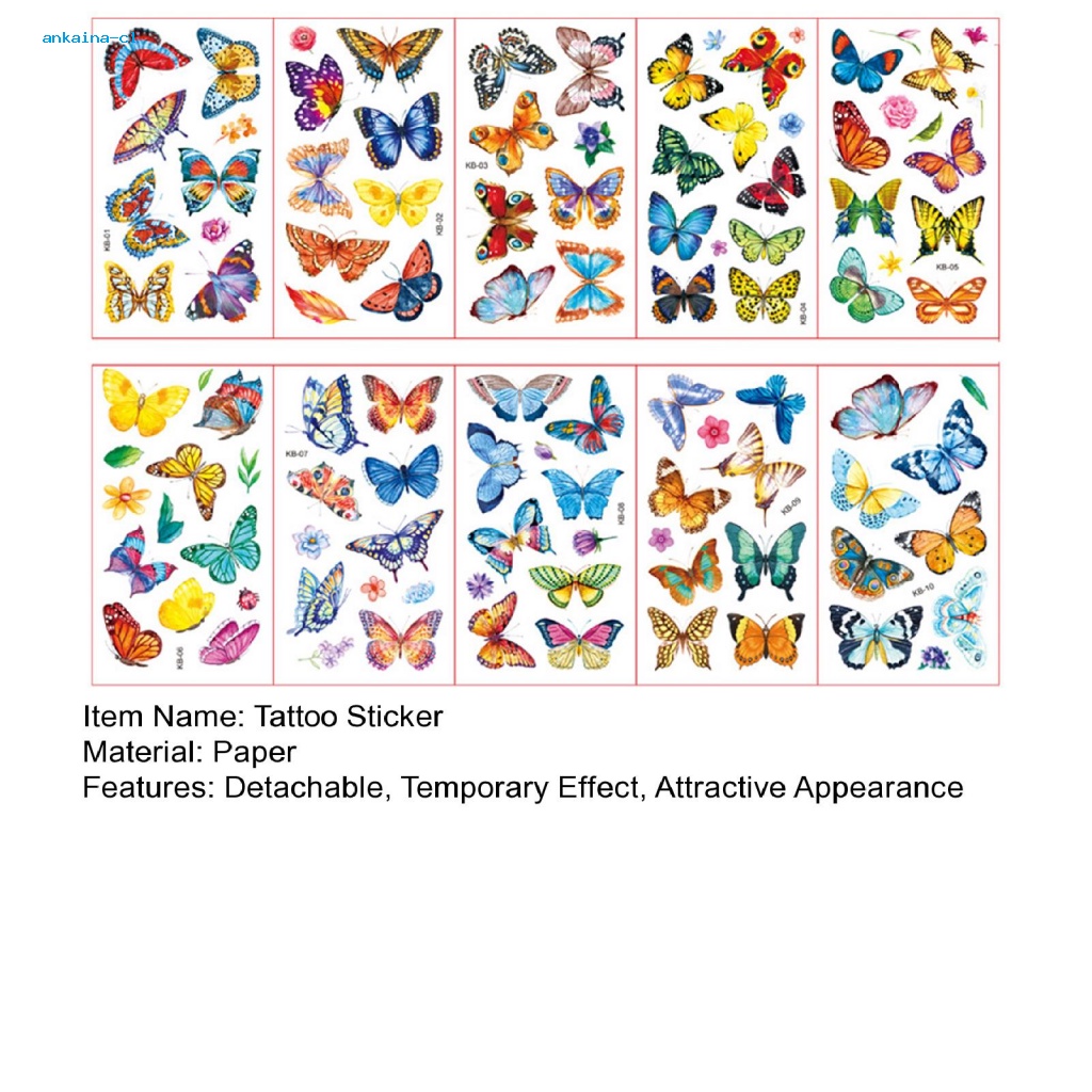 Set 10 Miếng Dán Hình Xăm Tạm Thời Họa Tiết Bướm Nhiều Màu Dễ Thương Vui Nhộn