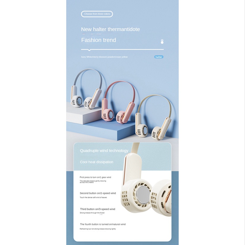 Quạt Làm Mát Mini Đeo Cổ Yên Tĩnh Sạc Cổng USB Dùng Cho Mùa Hè