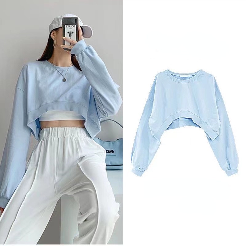 Áo Hoodie Lửng Tay Dài Cổ Tròn Dáng Rộng Màu Trơn Thời Trang Hàn Quốc Dành Cho Bạn Nữ