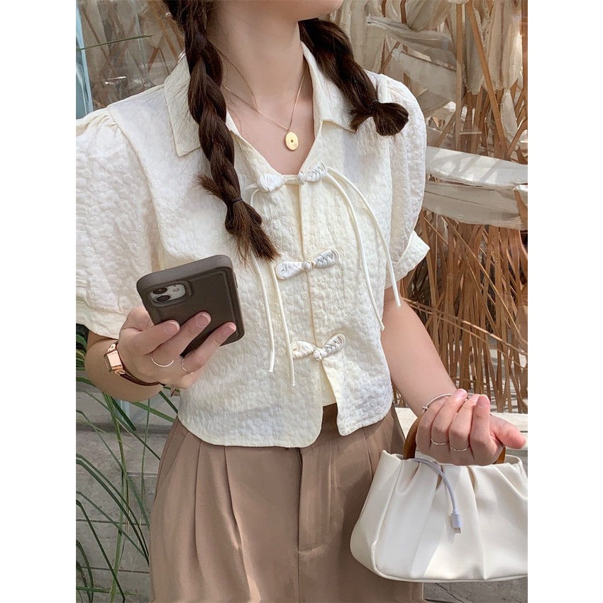 Áo Sơ Mi Tay Phồng Phối Nút Thời Trang Mùa Hè Vintage Dành Cho Nữ