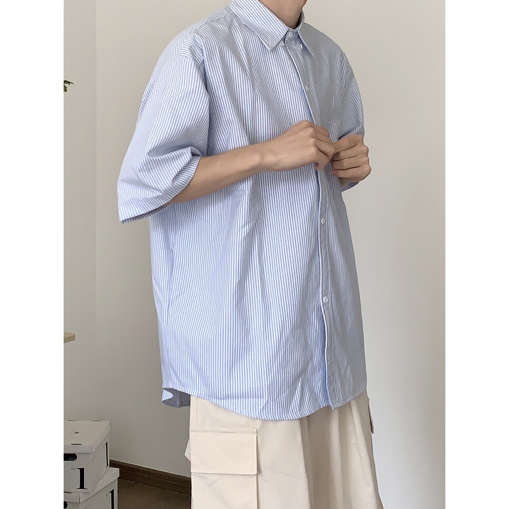 Áo Sơ Mi Ngắn Tay Dáng Rộng Họa Tiết Sọc Thời Trang Mùa Hè Nhật Bản Dành Cho Nam