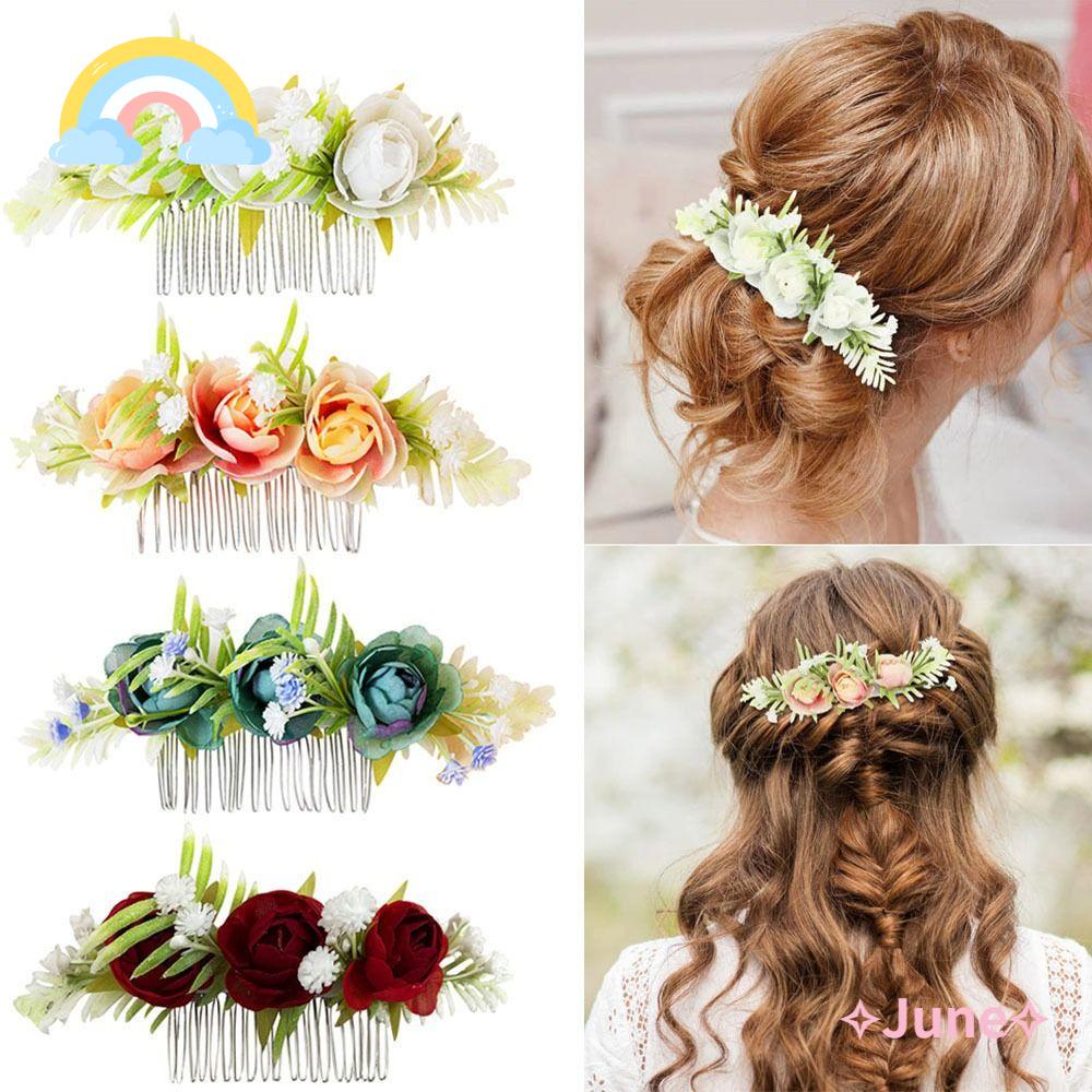 JUNE Lược Cài Tóc Hình Hoa Đính Đá Lấp Lánh Cho Cô Dâu