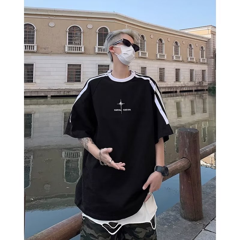 Áo Thun Tay Ngắn Dáng Rộng Phối Khóa Kéo Kim Loại Phong Cách Đường Phố Mỹ 2023 Cho Cặp Đôi