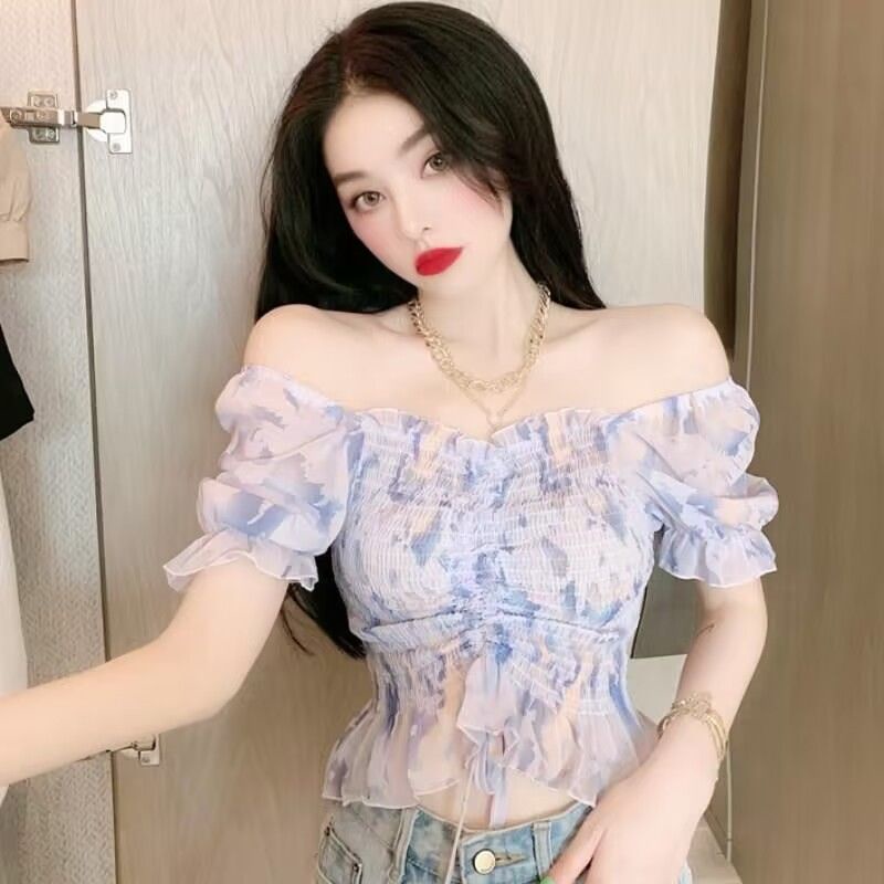 Áo Chiffon Tay Phồng Xếp Ly Phối Dây Rút Phong Cách Hàn Quốc Thời Trang Mùa Hè Xinh Xắn Cho Nữ