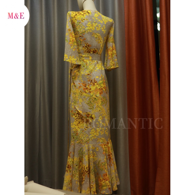 M &amp; E [Giao Hàng Trong Ngày] Đầm Đuôi Cá Dáng Dài In Hoa Vàng Phong Cách Pháp Thời Trang Mùa Hè