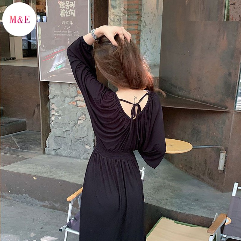 Đầm Hai Dây Dáng Dài Cổ Chữ V Màu Đen Phong Cách Hàn Quốc Thanh Lịch Thời Trang 2023