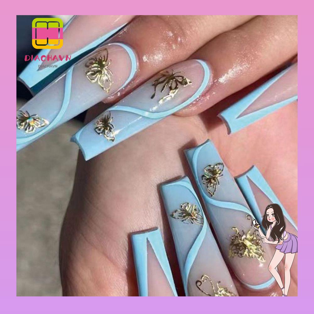 Hộp 24 Móng Tay Giả Che Phủ Toàn Diện Tháo Rời Được Họa Tiết Hoa Và Bướm