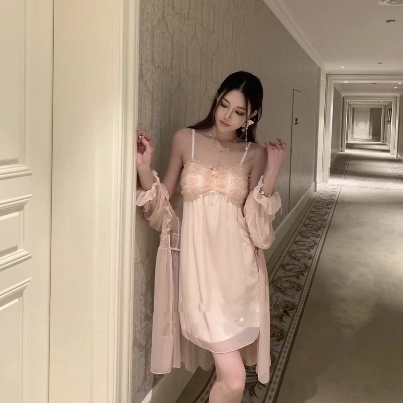 Bộ Đồ Ngủ Hai Mảnh Phối Ren Có Đệm Ngực Phong Cách Thời Trang Mới 2023