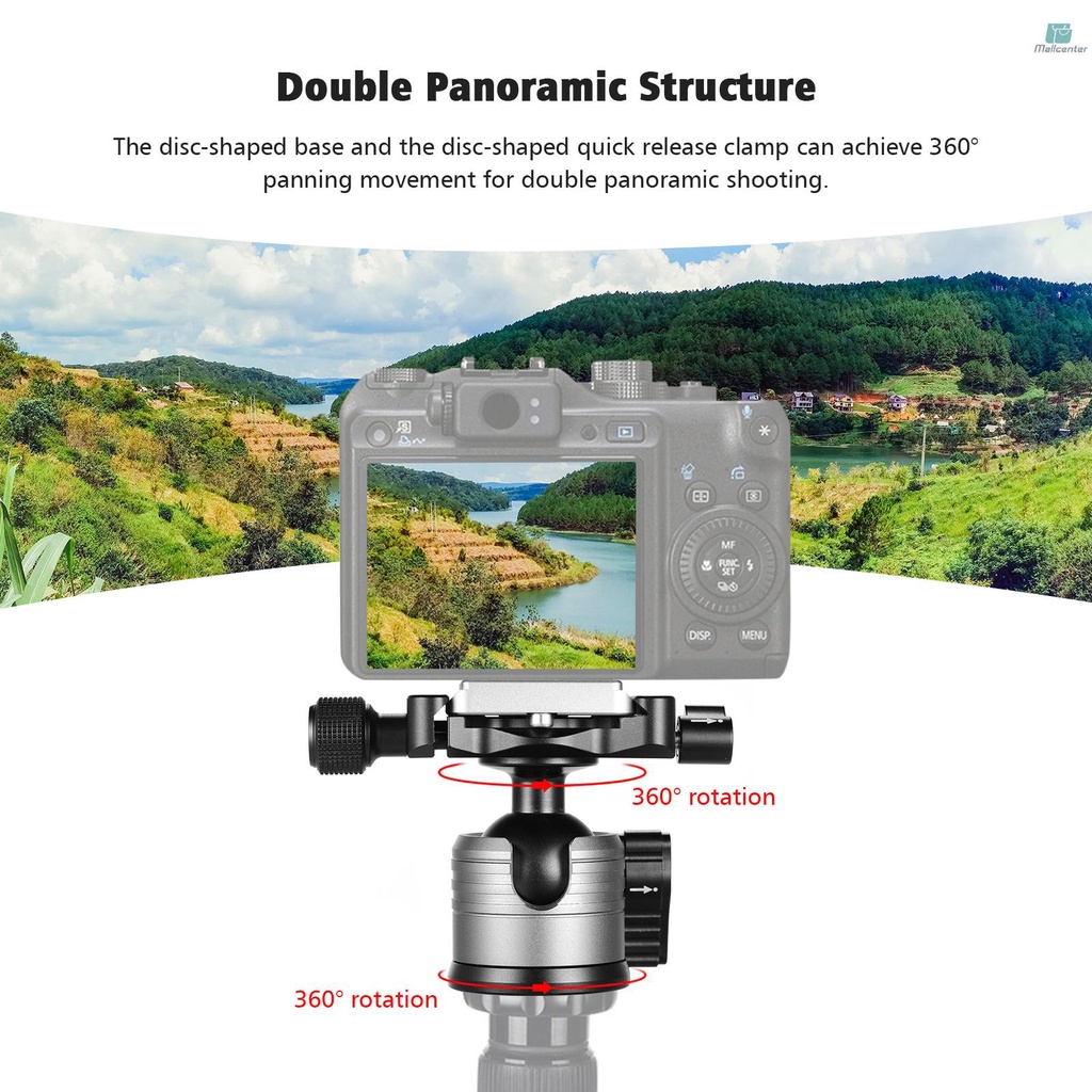 CNC Aluminum Alloy Dual Panoramic Ball Head Low Center of Gravity Single U Notch Design with 1/4 Inch Screw Mount for DSLR ILDC Cameras Tripod Monopod Max. Load 10kg Grey