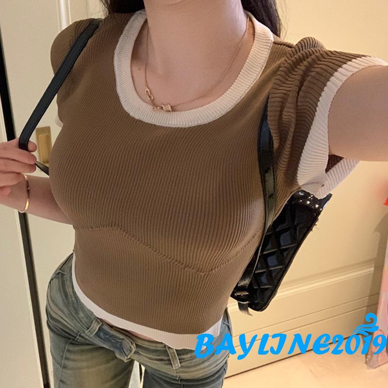 Áo Thun Dệt Kim Tay Ngắn Cổ Tròn Màu Sắc Tương Phản Phong Cách Đường Phố Cho Nữ
