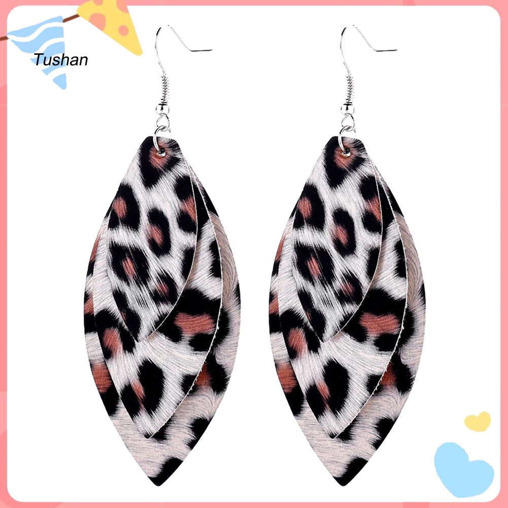 Bông Tai Móc Hình Chiếc Lá Ba Lớp Họa Tiết Da Báo Thời Trang Dành Cho Nữ