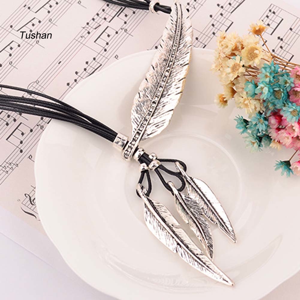Vòng Cổ Choker Giả Da Trang Trí Mặt Lông Vũ Kim Cương Giả Phong Cách Bohemian