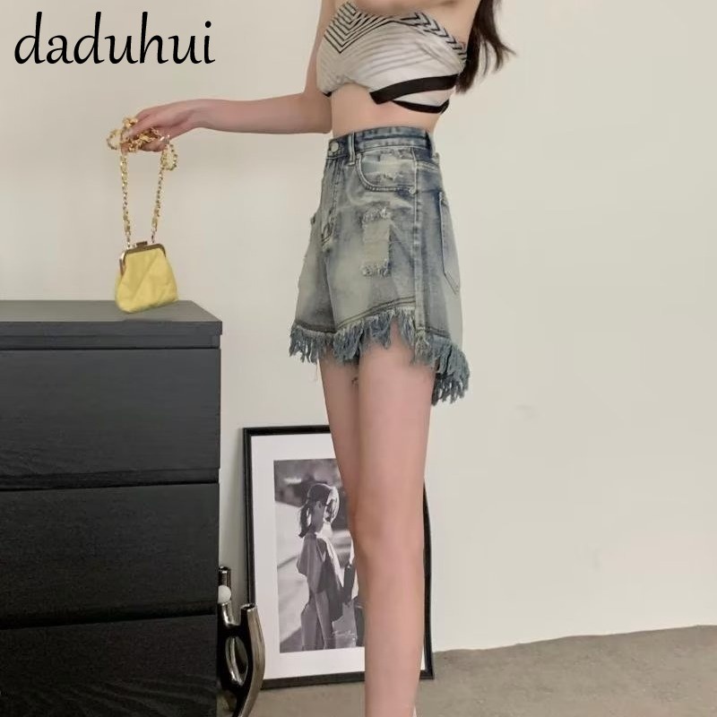 Daduhui New American Style Ins Street Ripped Denim Shorts High Waist Niche Raw Edge Thin A Word Hot Pants