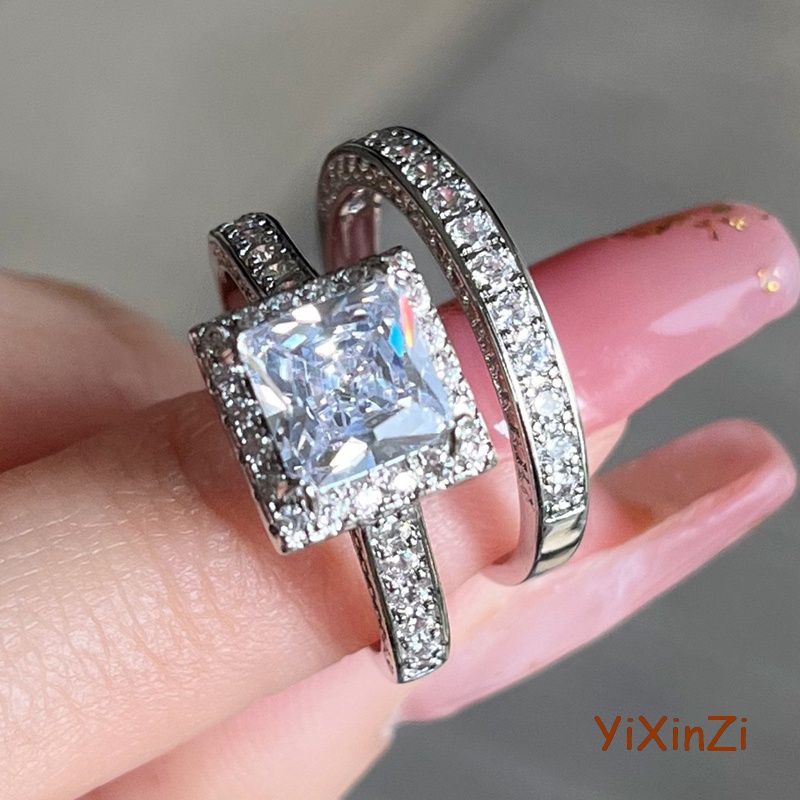 Bộ Nhẫn Đính Hôn Đính Đá Zircon Hình Vuông Phong Cách Công Chúa Sang Trọng Dành Cho Nữ