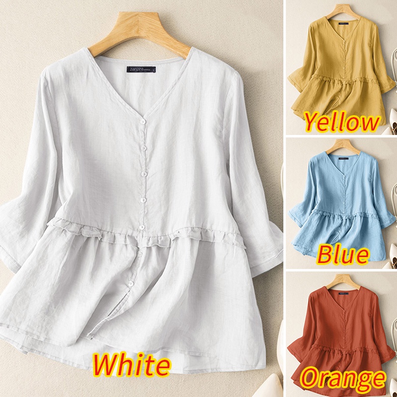 ZANZEA Áo Sơ Mi Nữ Tay Lửng Cổ Chữ V Màu Trơn Phong Cách Hàn Quốc