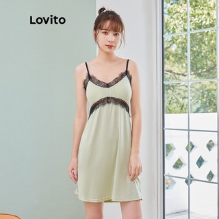 Đầm Lovito lưng cao phối ren đơn giản vừa vặn dáng chữ A cổ chữ V kiểu dáng sexy L04164 (xanh lá)