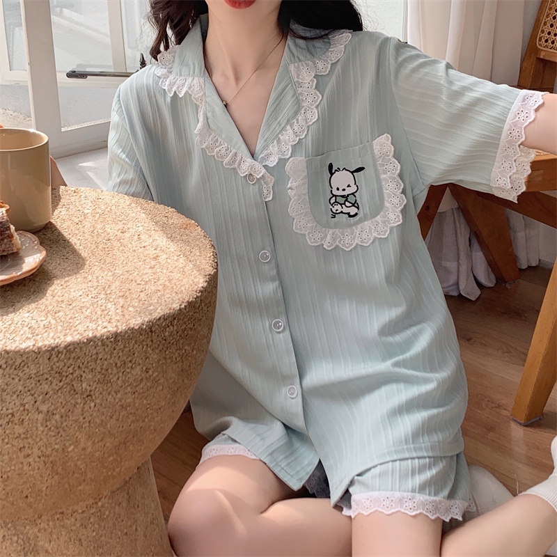 Bộ Đồ Ngủ Chất Liệu Cotton Phối Ren Thêu Họa Tiết Hoạt Hình Phong Cách Hàn Quốc Thời Trang Mùa Hè Cho Nữ