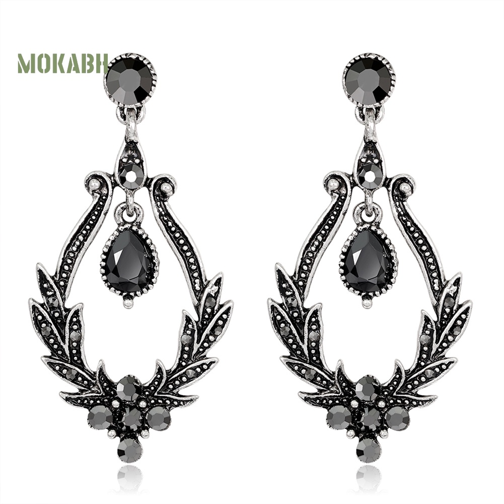 Bông Tai Hình Chiếc Lá Đính Đá Giả Màu Đen Phong Cách Cổ Điển Thời Trang Cho Nữ