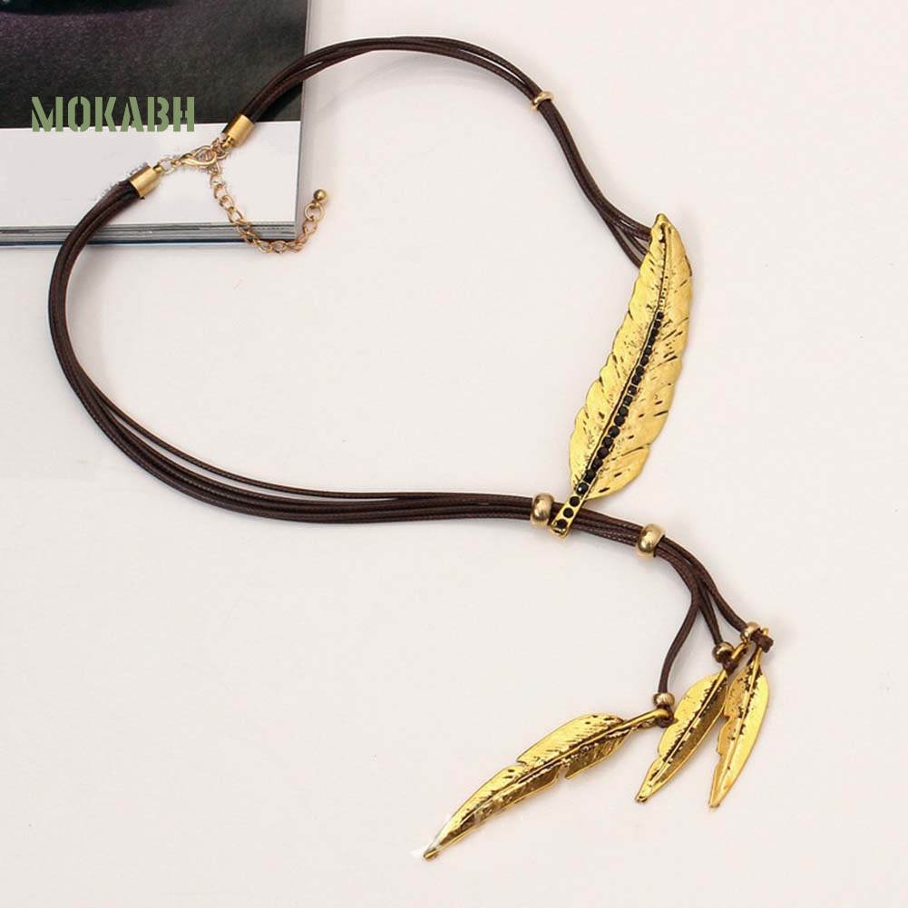 Vòng cổ Giả Da Mặt Lông Vũ Đính Đá Phong Cách Bohemian