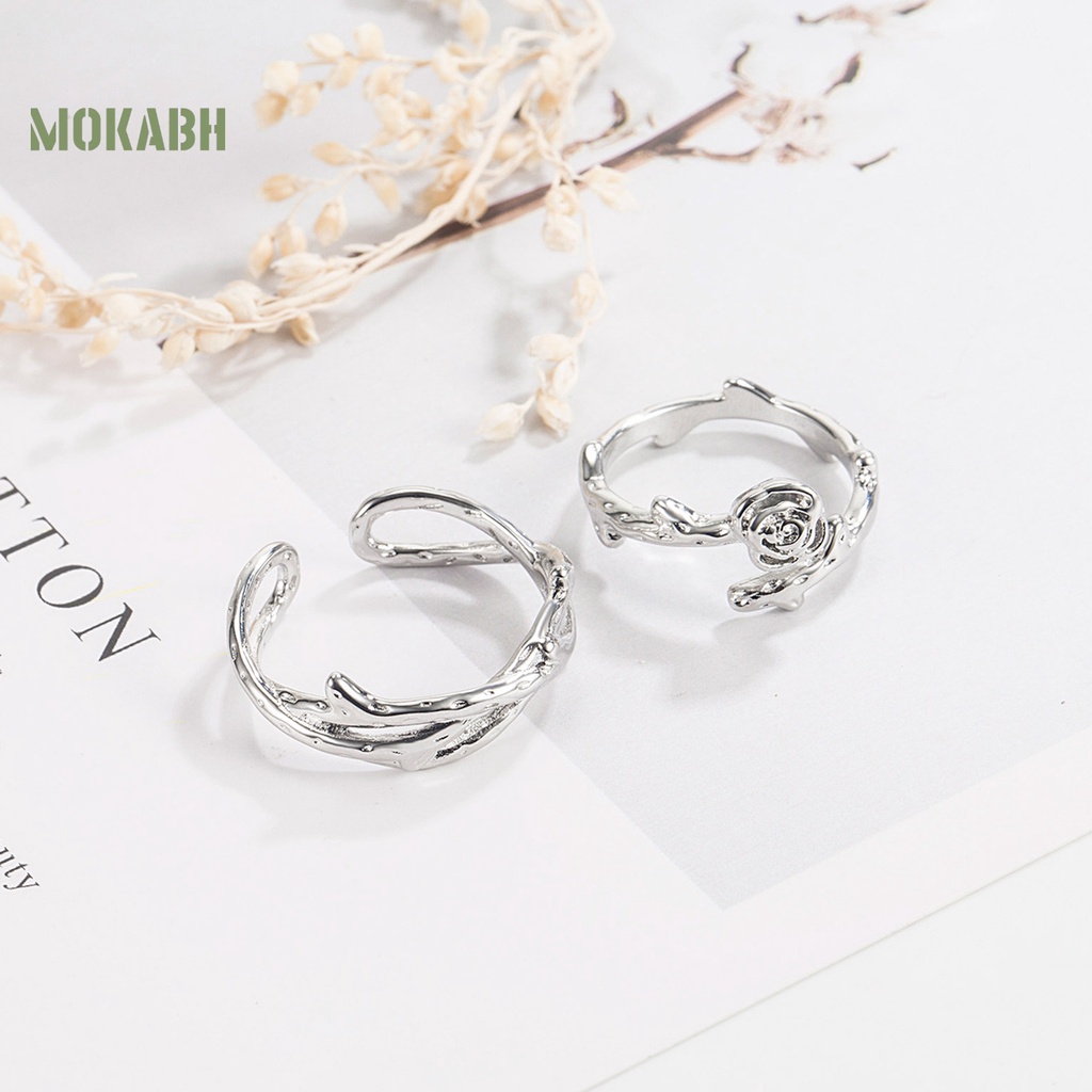 [Mới] Nhẫn Hở Hình Hoa Hồng Bằng Kim Loại Sáng Bóng Điều Chỉnh Được Màu Bạc Trang Trí Hàng Ngày