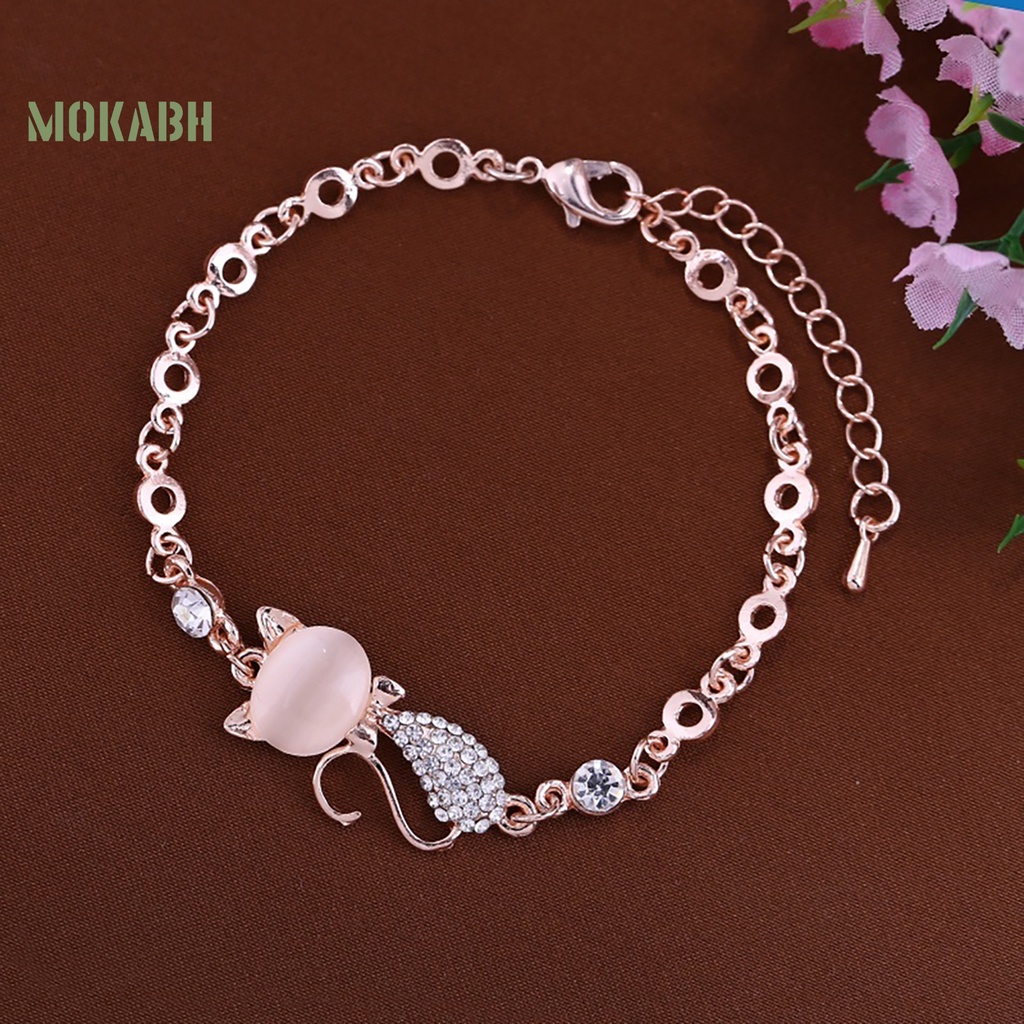 Vòng Đeo Tay Mặt Hình Mèo Đính Đá Opal Dễ Thương Cho Nữ