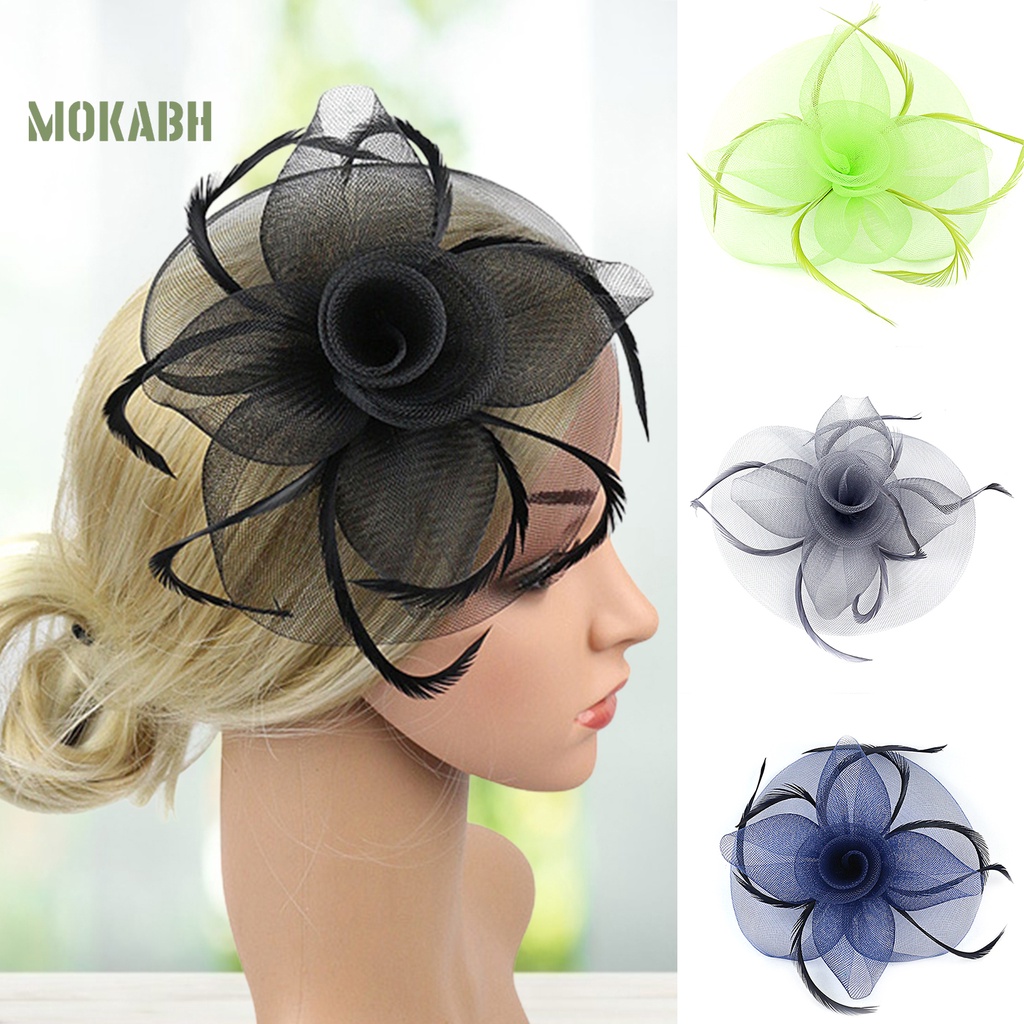 Cài Tóc [mokabh] Mũ Lưới Giả Lông Vũ Thắt Nơ Hoa Trang Trí Cocktail