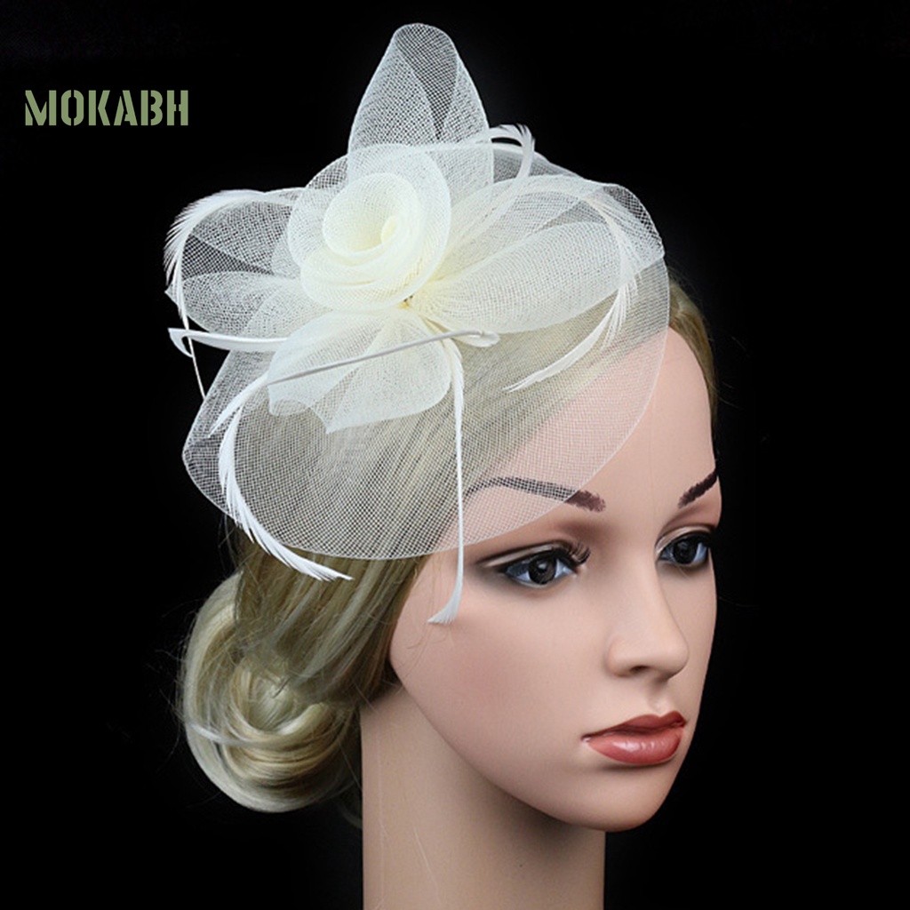 Cài Tóc [mokabh] Mũ Lưới Giả Lông Vũ Thắt Nơ Hoa Trang Trí Cocktail