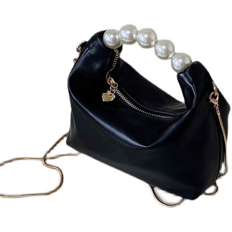 Túi Xách Đeo Chéo Màu Đen Đính Ngọc Trai Phối Dây Đeo Sợi Xích Thời Trang Cao Cấp Cho Nữ