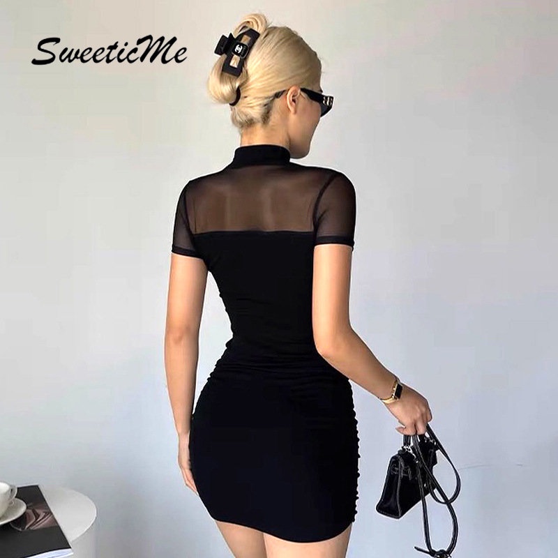 Đầm Ngắn Tay Cổ Lọ Màu Trơn Dáng Ôm Thời Trang 2023 Gợi Cảm Cho Nữ