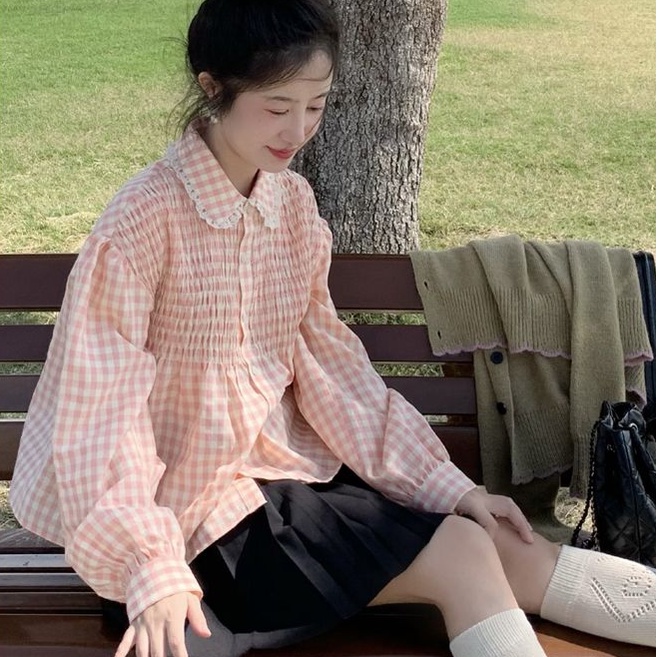 Áo Sơ Mi Dài Tay Cổ Búp Bê Họa Tiết Sọc Caro Ngọt Ngào Phong Cách Pháp Cổ Điển Mới Cho Nữ