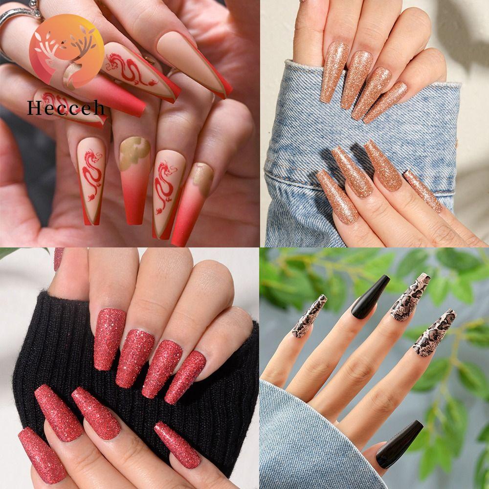 Set 24 Móng Tay Giả Che Phủ Toàn Diện Đính Kim Tuyến Lấp Lánh