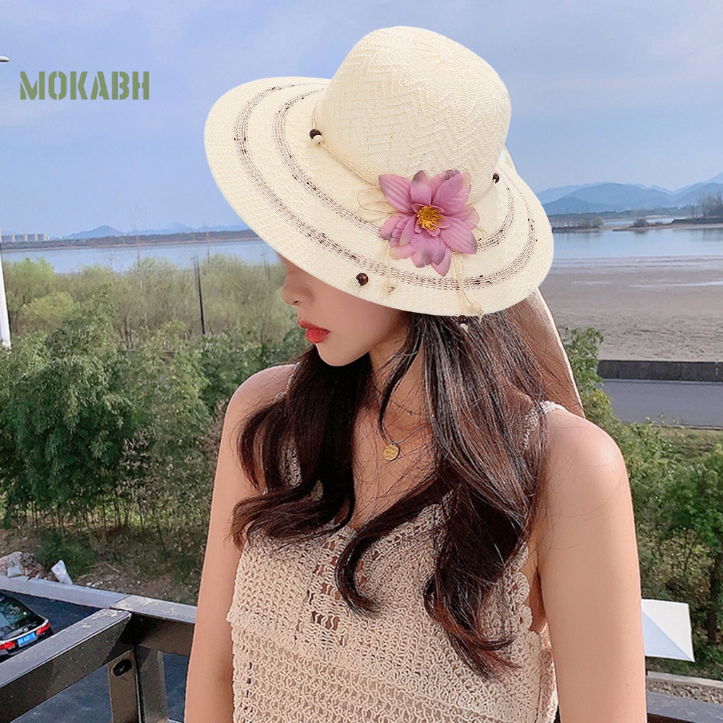 Nón Cối Rộng Vành Màu Trơn Đính Hạt Hoa Phong Cách Hàn Quốc Cho Nữ